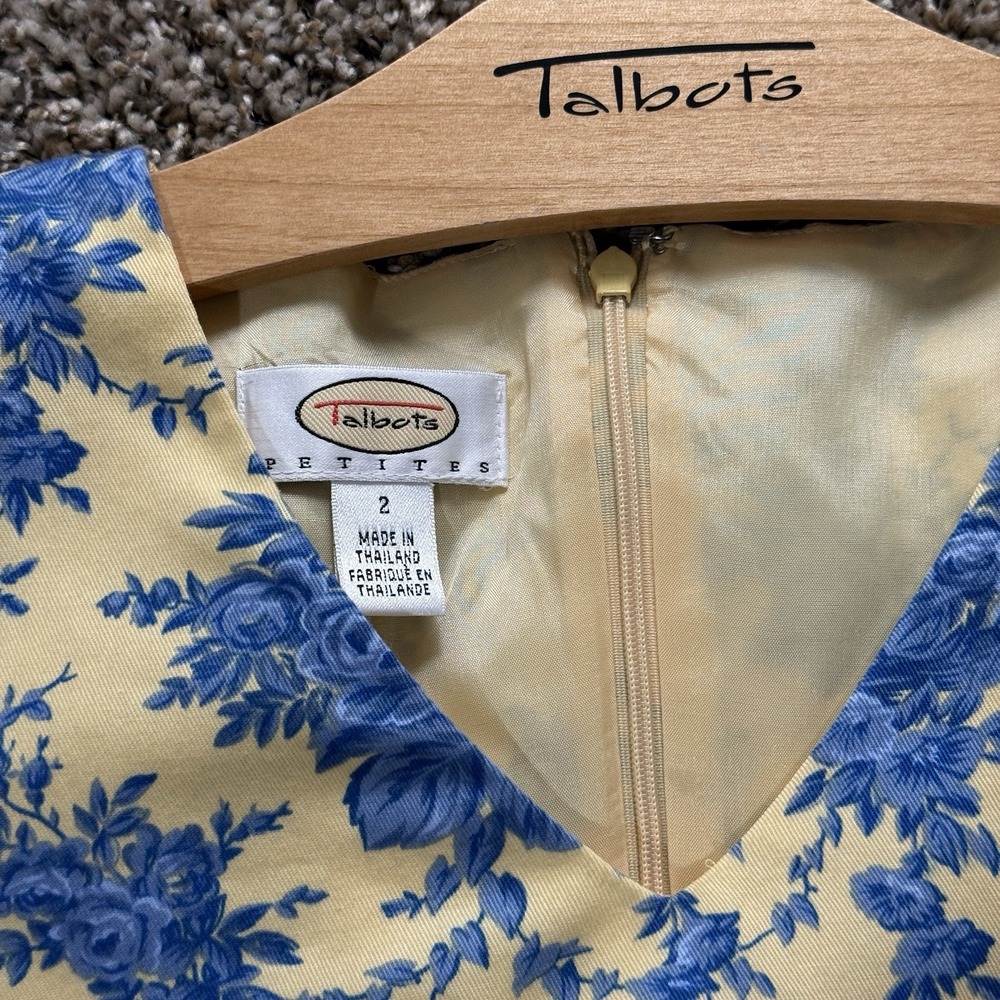 Talbots Petites Size 2 Yellow Blue Toile‎ Print Shift Dress Cotton V-Neck Floral - Picture 2 of 12